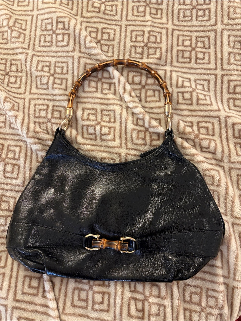 Vintage Black Faux Leather Shoulder Bag with Bamboo Handle - Talbots